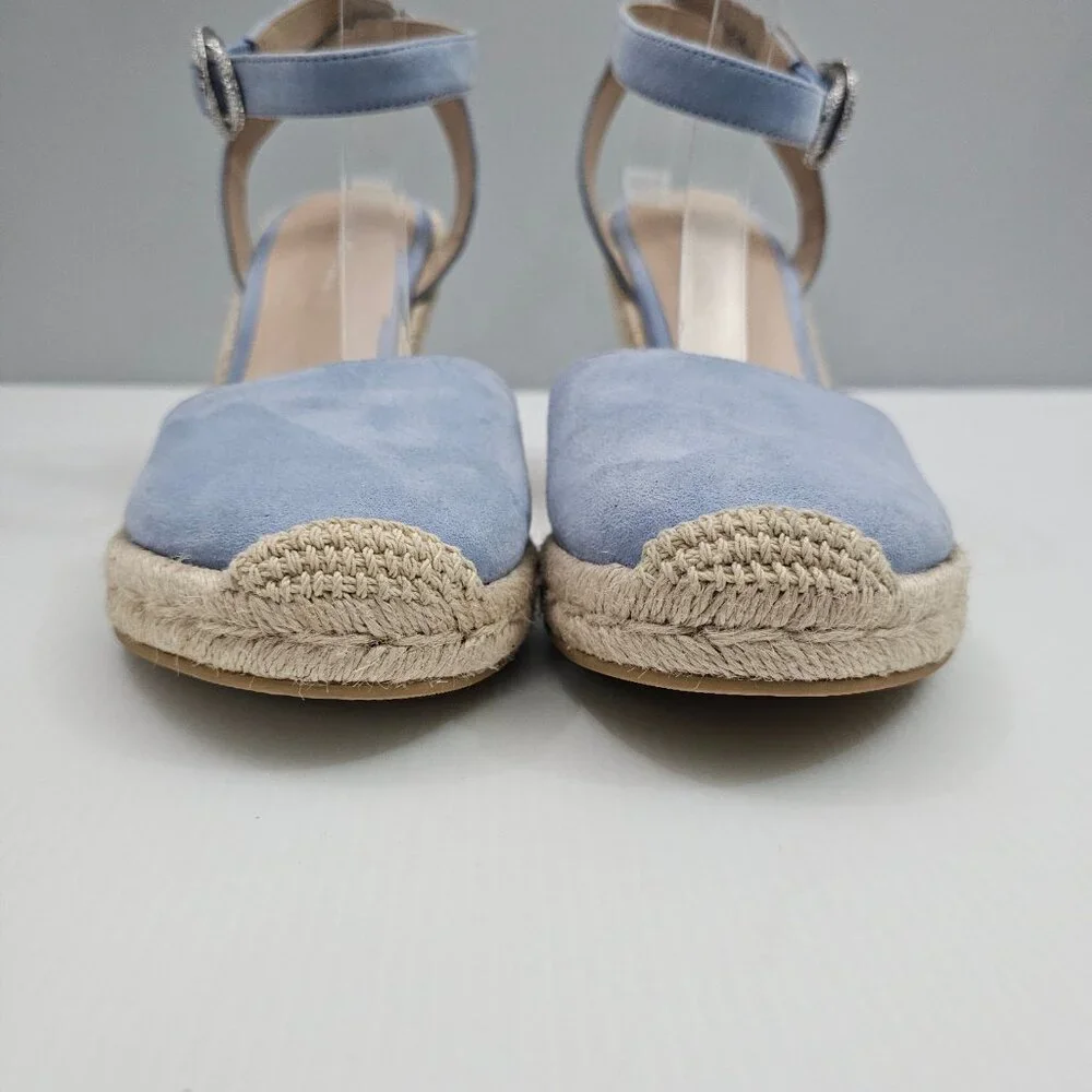Stuart Weitzman Crystal Buckle Wedge Womens 10 Cornflower Blue Suede Espadrille - Picture 10 of 16